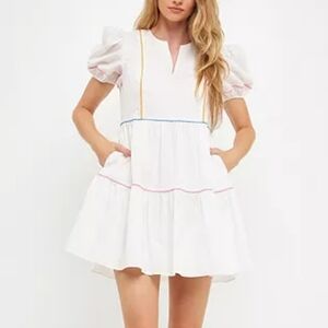 English Factory White Puff Sleeve Mini Dress